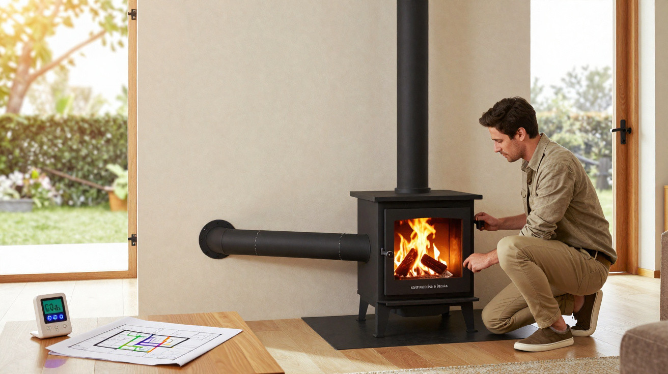 Mann zündet Holzofen an, moderner Wohnraum mit offenem Fenster und digitalem Thermometer auf Tisch.