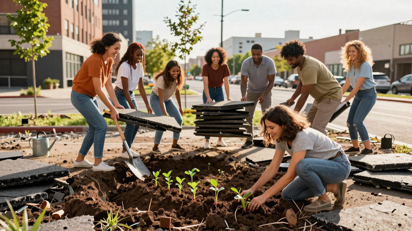 Junge Menschen legen gemeinsam in einer urbanen Umgebung einen Garten mit frisch gepflanzten Setzlingen an.