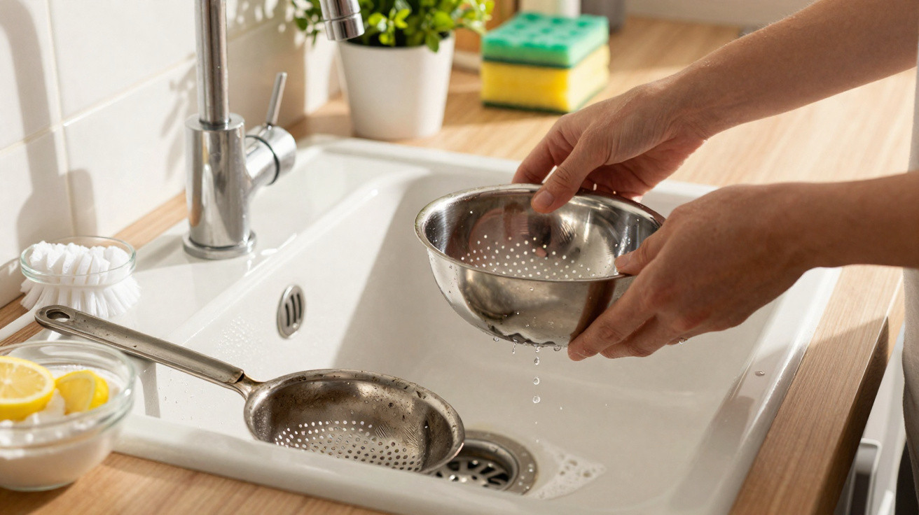 Person spült ein Sieb über der Küchenspüle aus Edelstahl mit Wasserhahn und Schwamm im Hintergrund.