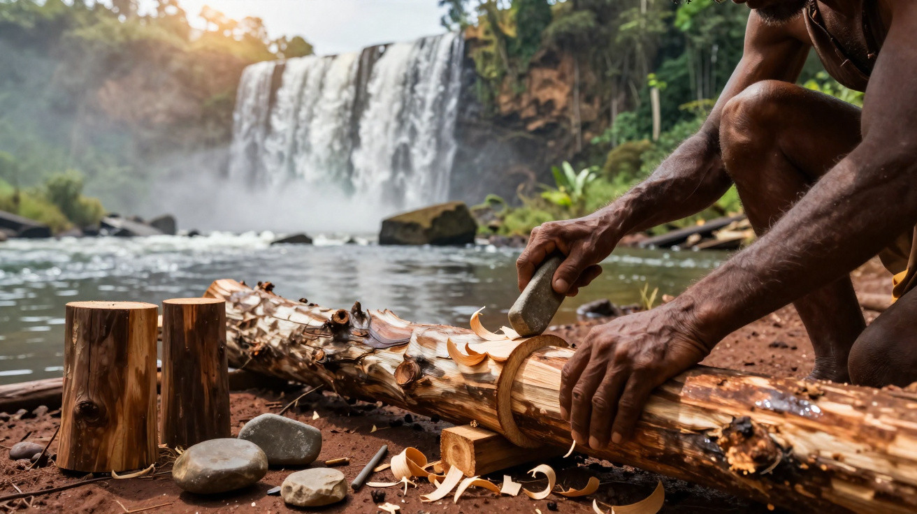Mann schnitzt Holz mit Werkzeug am Flussufer, im Hintergrund Wasserfall und dichter Dschungel.