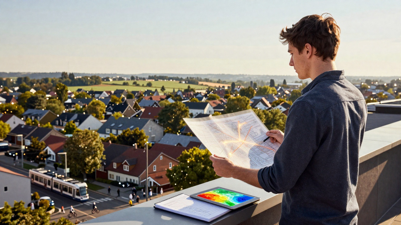 Mann steht auf Dach und betrachtet Baupläne mit Tablet, Blick auf Wohngebiet und Landschaft im Hintergrund.