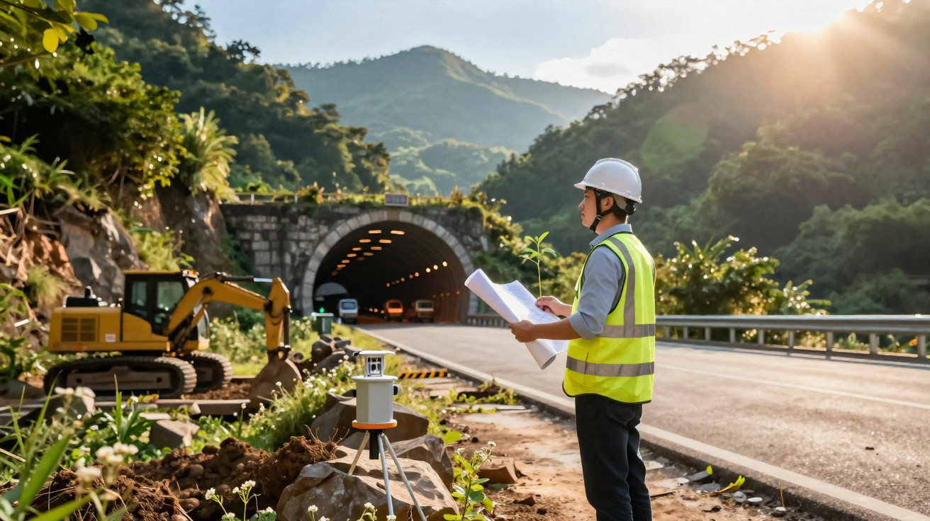 Bauleiter mit Helm und Plänen überprüft Straßenbau neben Tunnel und Bagger in bergiger Landschaft bei Sonnenlicht.