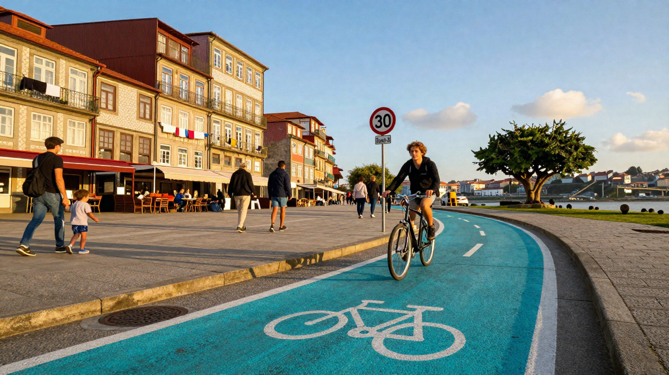 Fahrradfahrer auf blau markiertem Radweg entlang einer Uferpromenade mit Passanten und Gebäuden im Sonnenlicht.