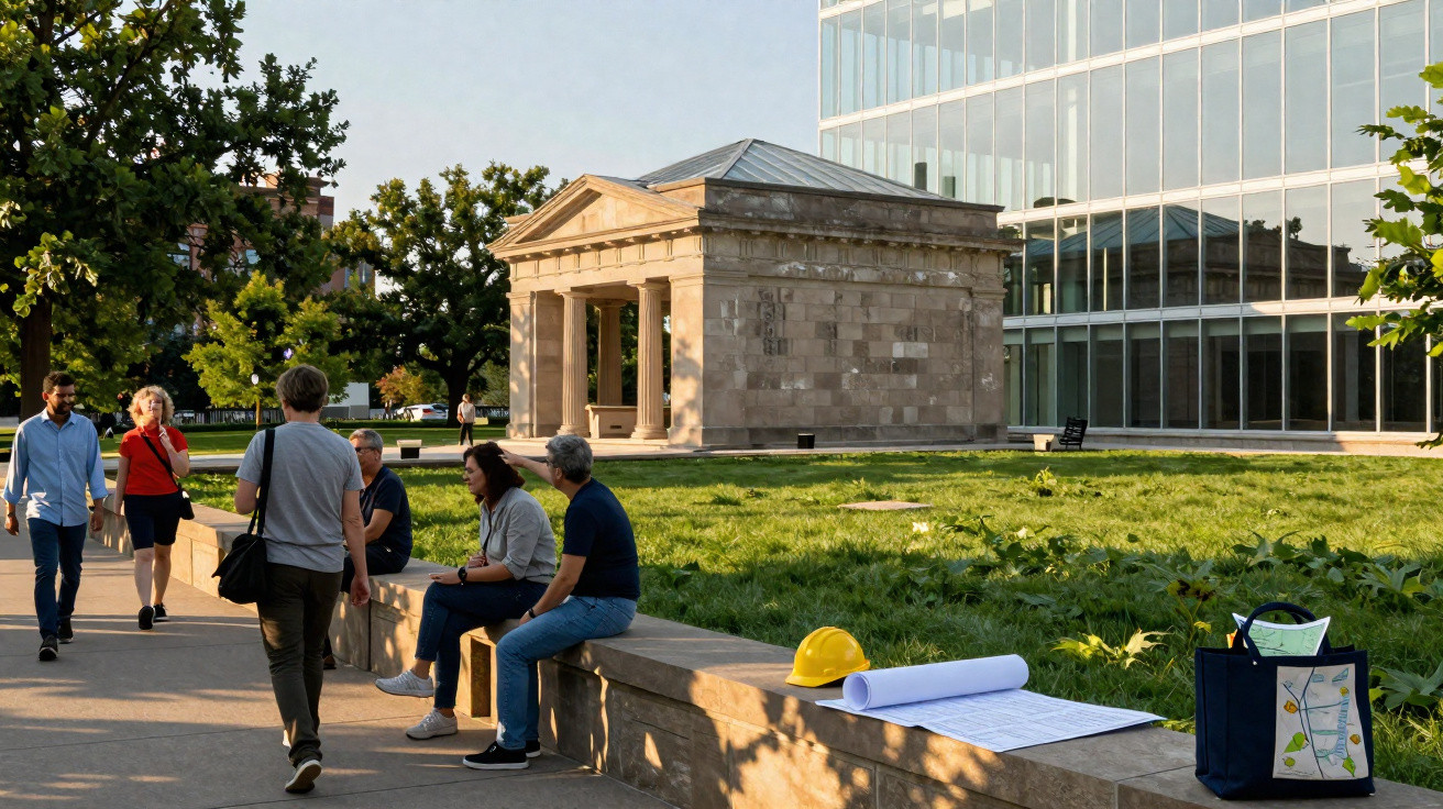 Menschen sitzen und gehen bei sonnigem Wetter neben einem historischen Tempel und modernen Glasgebäude spazierend.
