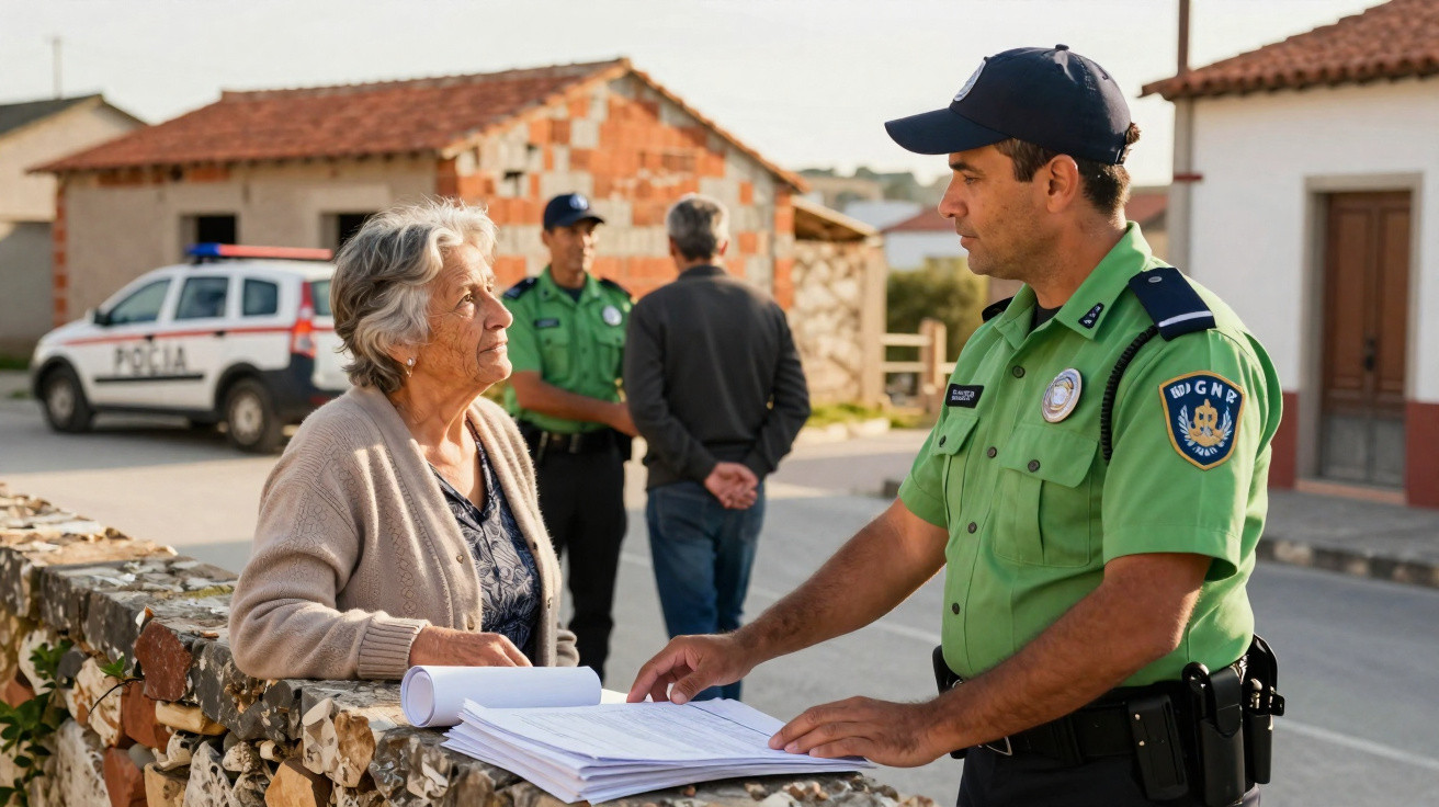 Eine ältere Frau spricht mit einem Polizisten in grüner Uniform an einer Steinmauer in einem Dorf.