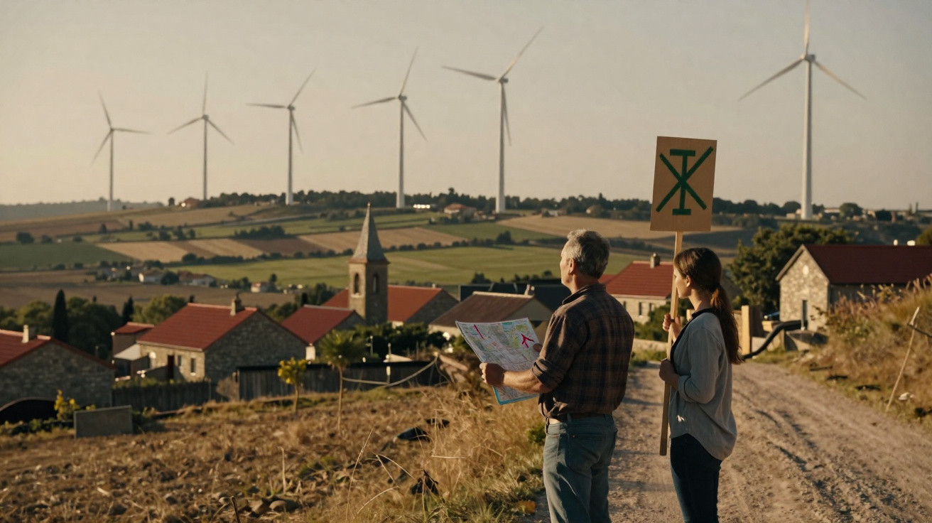 Zwei Personen auf einem Feldweg blicken auf ein Dorf mit Windrädern und halten Karte sowie Protestschild.