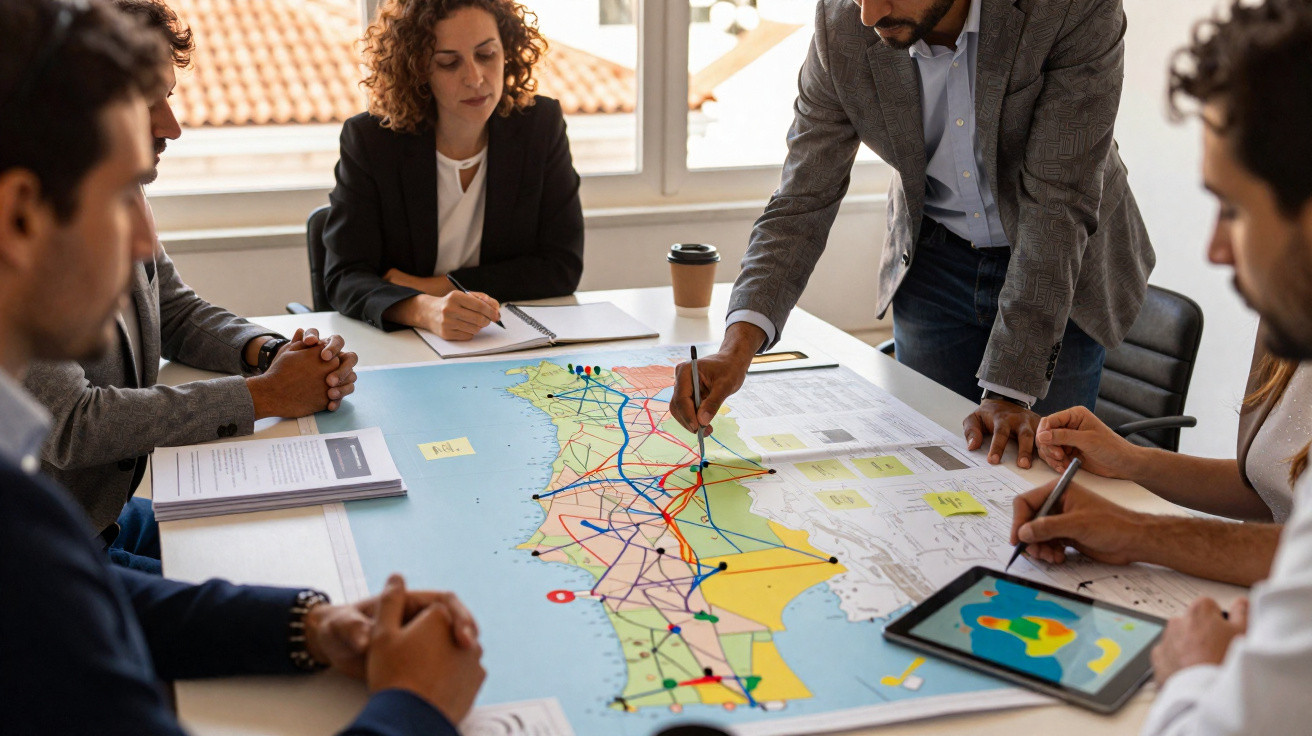 Team bespricht strategische Planung anhand einer großen Landkarte auf dem Tisch im Büro.