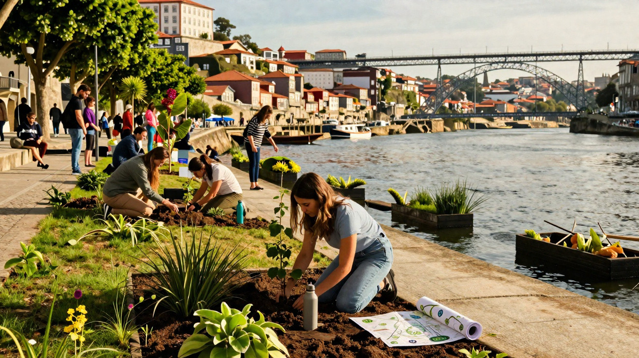 Menschen pflanzen Blumen am Ufer eines Flusses mit Brücke und Stadt im Hintergrund an einem sonnigen Tag.