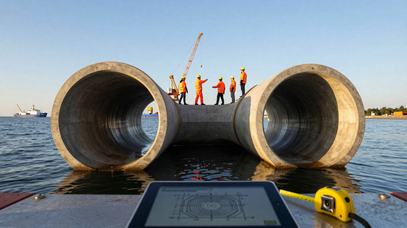Bauarbeiter in Schutzkleidung stehen auf großen Betonschächten im Wasser bei Hafenarbeiten.