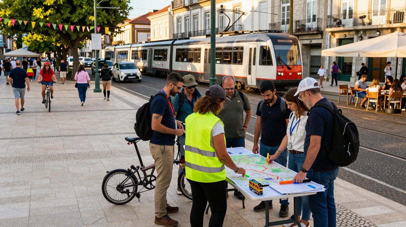 Gruppe diskutiert Karten an klappbarem Tisch auf belebtem Platz mit Straßenbahn und Radfahrern im Hintergrund.