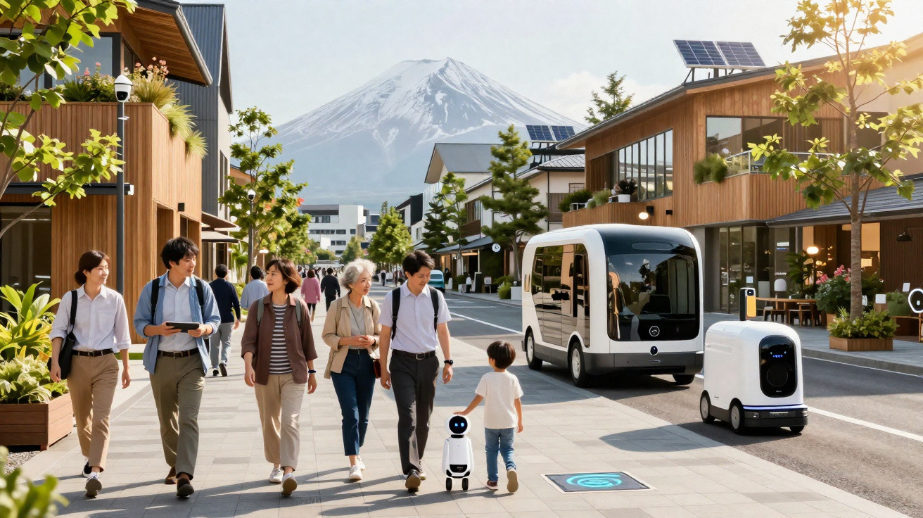 Moderne Straße mit Fußgängern, kleinen Robotern, Elektrofahrzeugen und Blick auf schneebedeckten Berg im Hintergrund.
