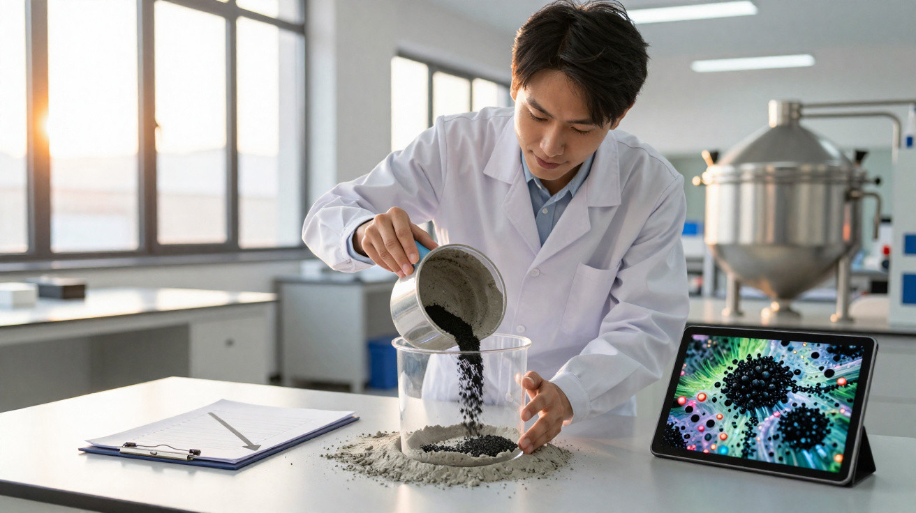 Wissenschaftler in weißem Kittel gießt schwarzen Pulverstoff in Becherglas im Labor neben Tablet mit mikroskopischem Bild.