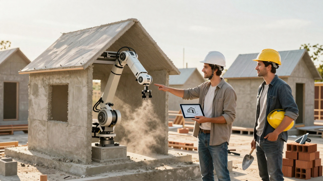 Zwei Bauarbeiter mit Schutzhelmen überwachen einen Roboter, der ein kleines Betonhaus baut.