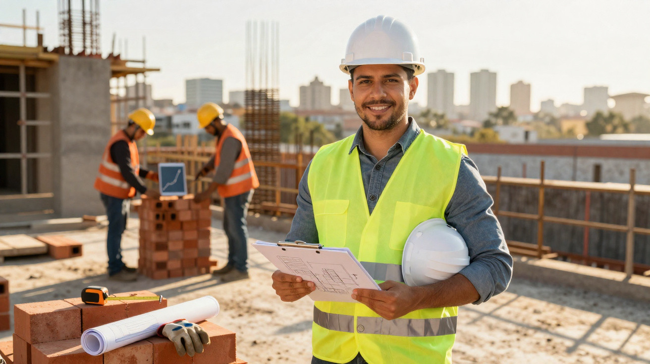 Bauleiter mit Schutzhelm und Bauplan auf einer Baustelle, im Hintergrund zwei Bauarbeiter mit Ziegeln.