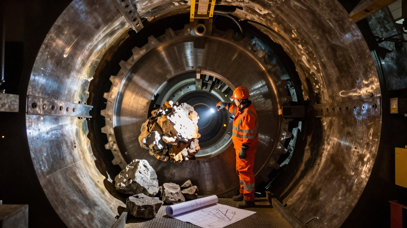 Bergmann in Schutzkleidung untersucht Gesteinsproben vor großem industriellem Rohr im Bergwerk.