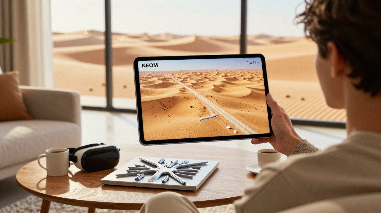Person hält Tablet mit Wüstenlandschaft und Straßenplanung, im Hintergrund Sofa und große Fenster mit Wüstenausblick.