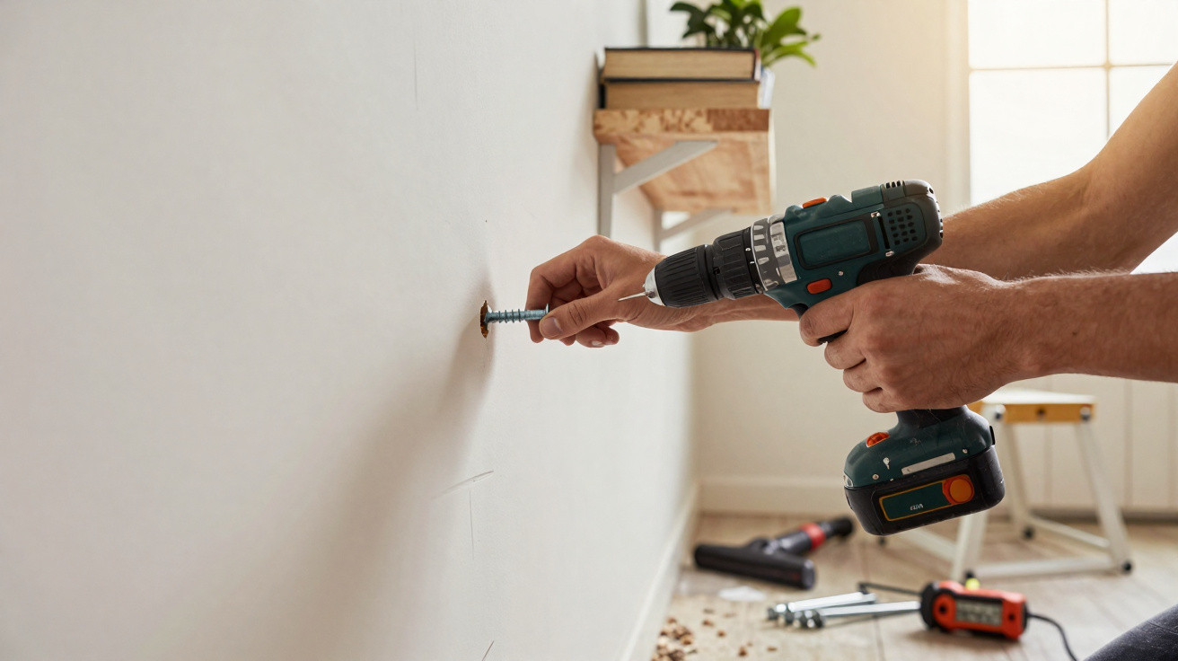 Person bohrt mit Akku-Bohrmaschine Schraube in weiße Wand in hellem Raum mit Werkzeug auf Boden.