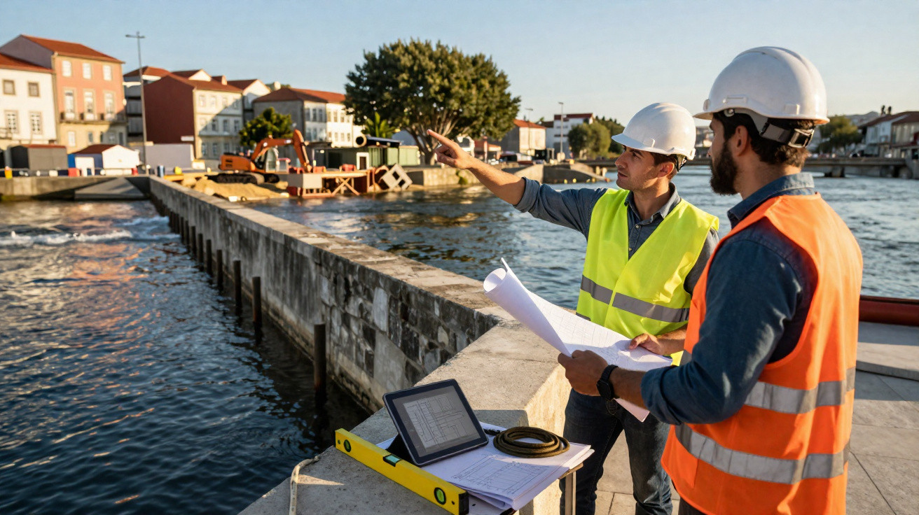 Zwei Bauingenieure mit Schutzhelmen und Westen besprechen Baupläne an einem Wasserrand mit Hafen im Hintergrund.