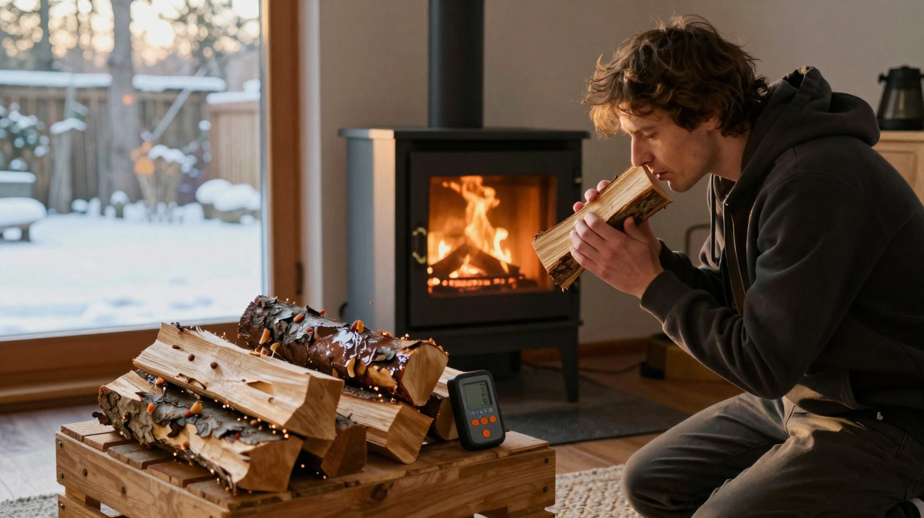 Mann riecht an Holzscheit vor einem brennenden Kamin in gemütlichem Wohnzimmer mit Schnee draußen.