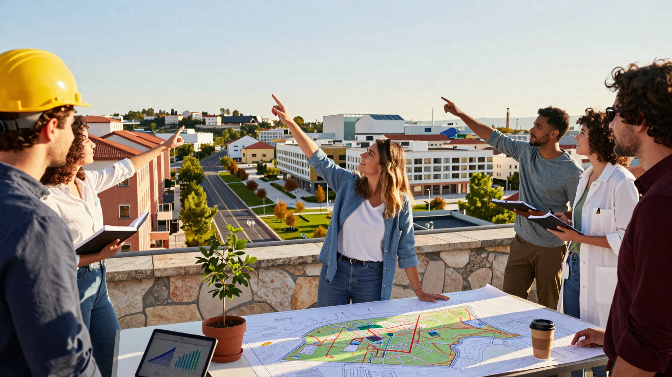 Gruppe von Architekten und Ingenieuren bespricht Baupläne auf Dachterrasse mit Stadtblick bei Sonnenschein.