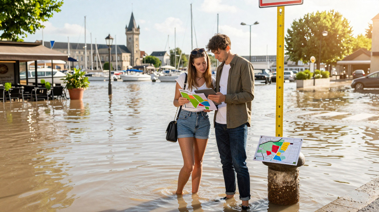 Paar steht in knöcheltiefem Wasser an überfluteter Hafenpromenade und betrachtet Stadtplan und Tablet.