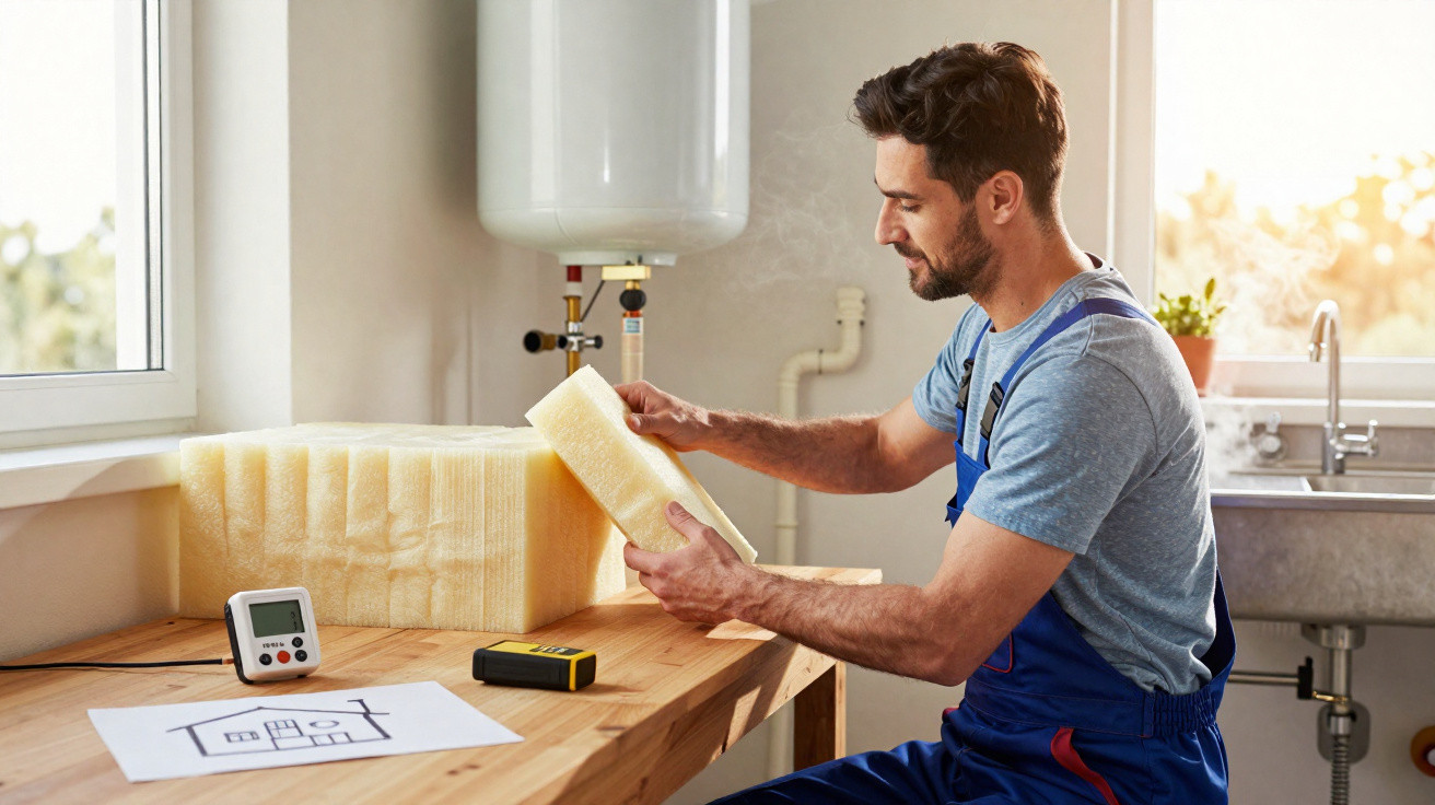 Handwerker in Arbeitskleidung prüft Dämmmaterial bei Wasserboiler und Fenster in heller Werkstatt.