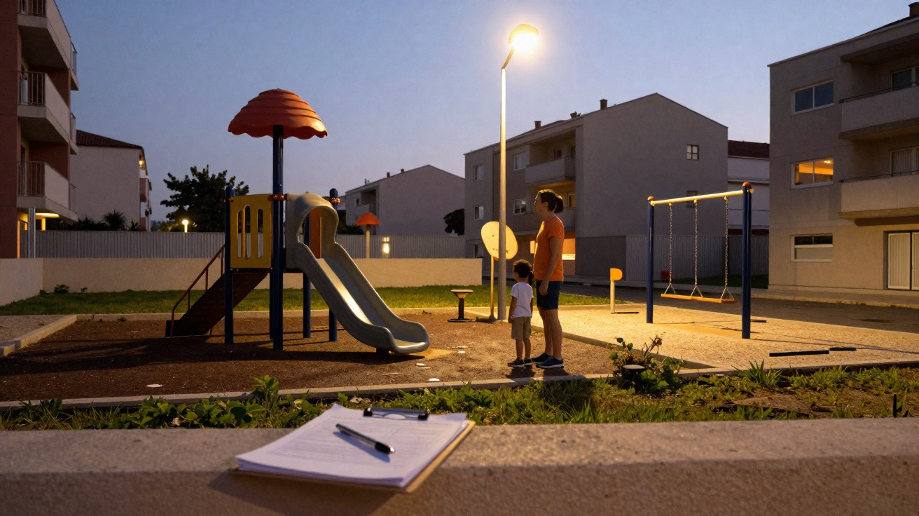 Ein Mann und ein Kind stehen abends am beleuchteten Spielplatz mit Rutsche und Schaukel in Wohngebiet.
