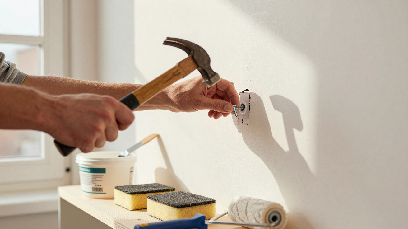Person schlägt mit Hammer einen Nagel in die Wand, Handwerker-Werkzeuge auf Holzbrett nebenbei.