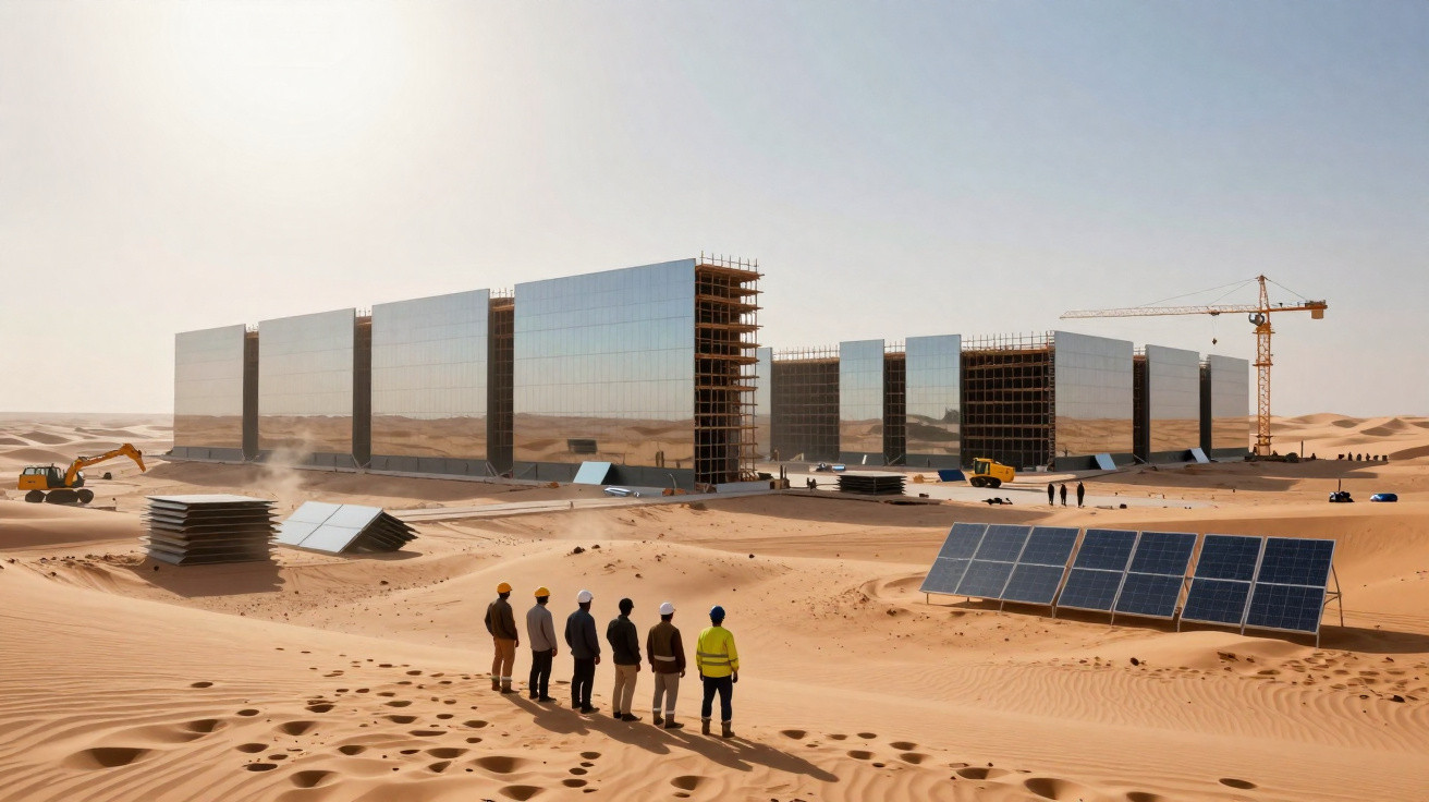 Arbeitskräfte beobachten den Bau von solaren Großanlagen mit Solarpanelen in einer Wüstenlandschaft.