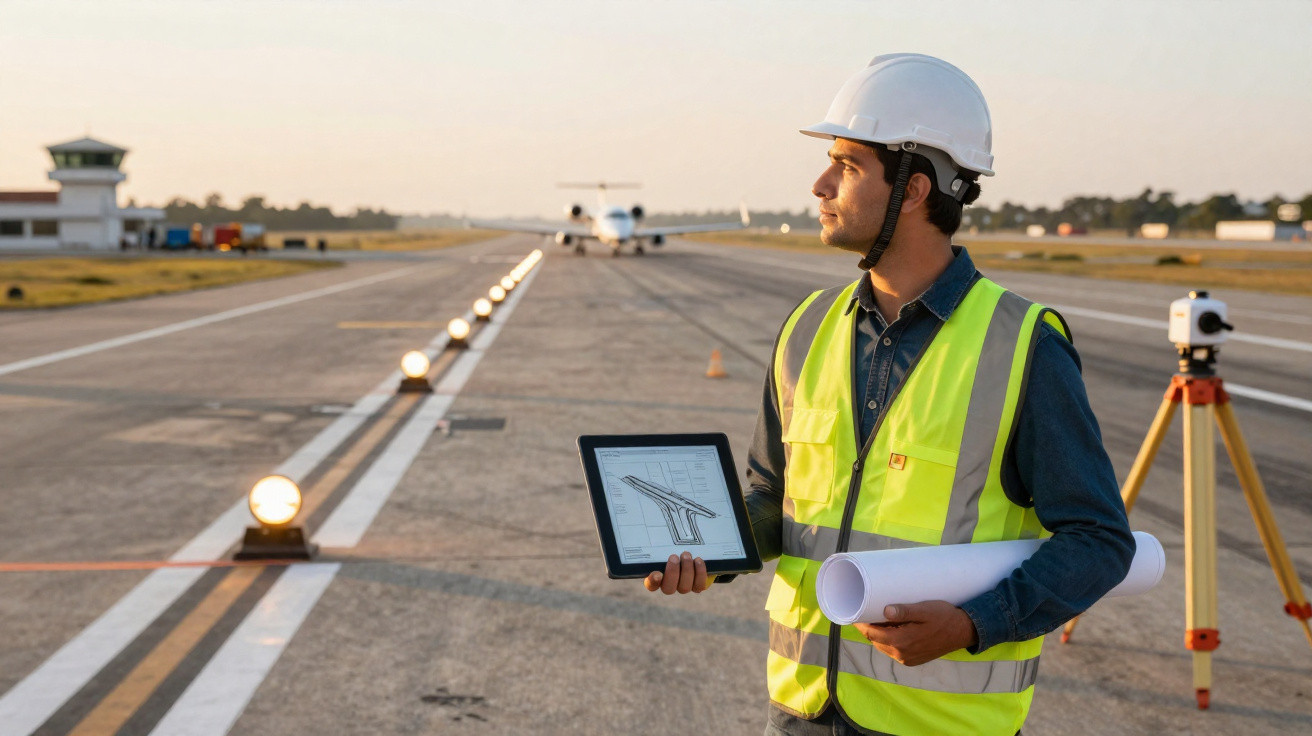 Ingenieur mit Helm und Warnweste hält Bauplan und Tablet auf Start- und Landebahn bei Sonnenuntergang.