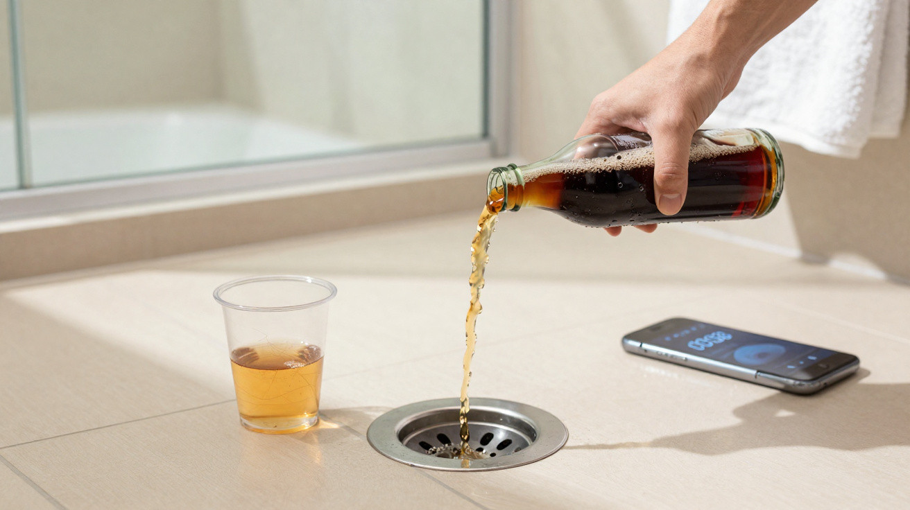 Hand gießt Cola aus Glasflasche in Bodenabfluss, daneben Plastikbecher mit Getränk und Smartphone auf Boden.