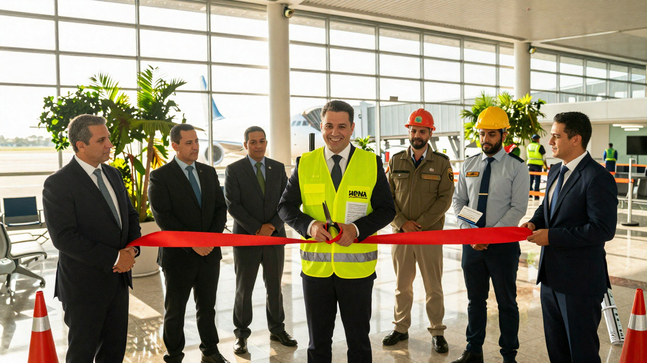 Feierliche Banddurchschneidung mit sechs Männern in Anzügen und Sicherheitskleidung in einem Flughafen-Terminal.