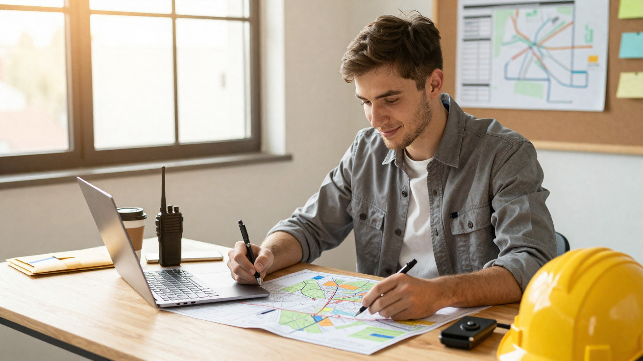 Junger Mann plant Bauprojekt, zeichnet auf Stadtplan, Laptop und Schutzhelm auf dem Tisch im Büro.