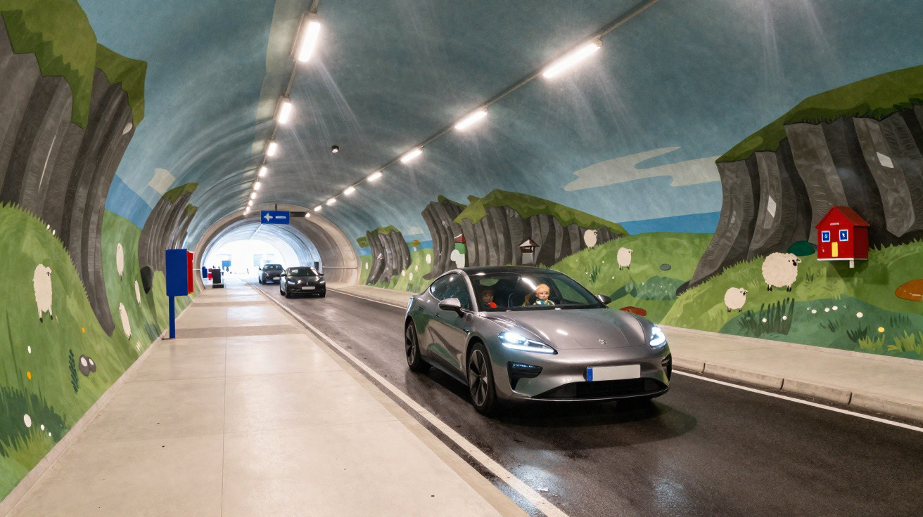 Auto fährt durch kunstvoll bemalten Tunnel mit Landschaftsmalerei und Schafen auf den Wänden.