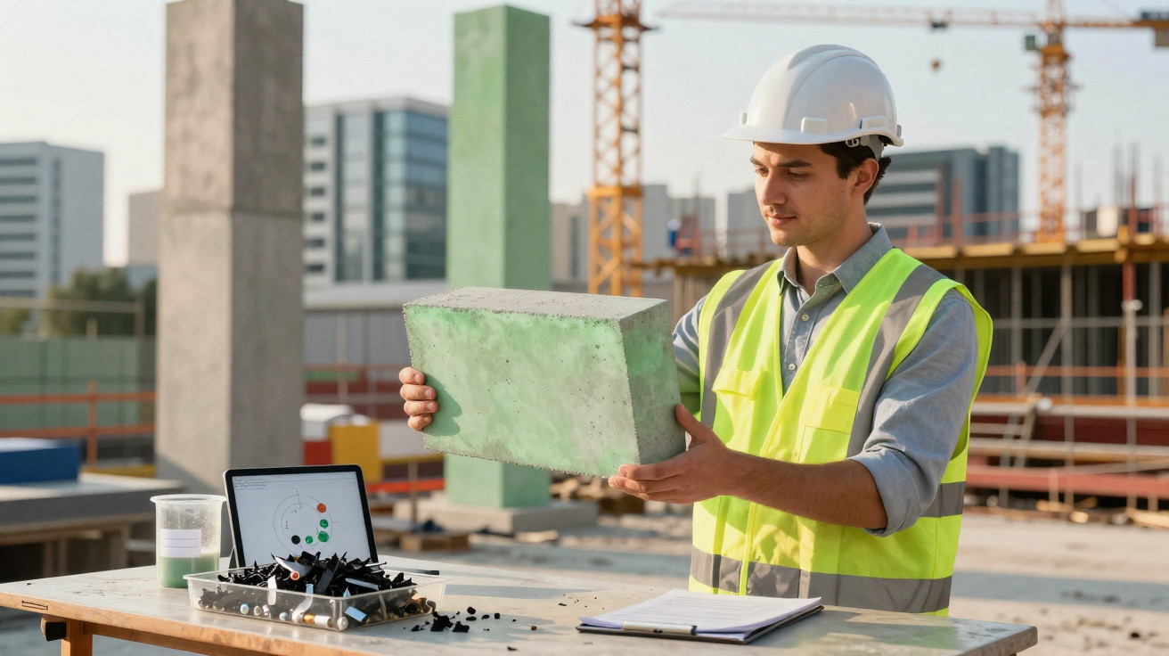 Ingenieur mit Helm und Warnweste untersucht Betonelement auf Baustelle, Tisch mit Laptop und Messmaterialien.
