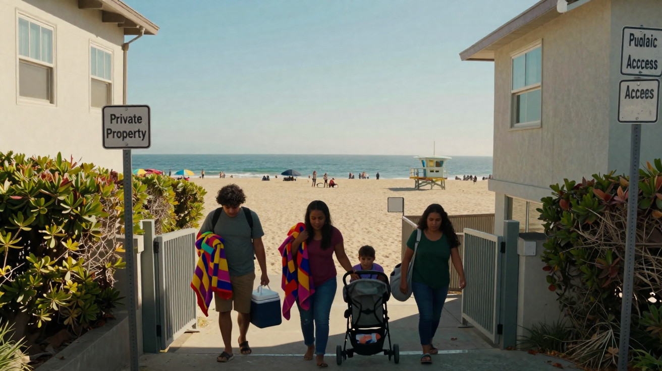 Familie mit Kinderwagen und Strandzubehör geht durch Durchgang zu Sandstrand am Meer an sonnigem Tag.