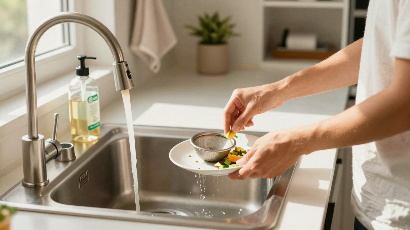 Person entsorgt Essensreste in einem Küchensieb über der Spüle mit fließendem Wasser.