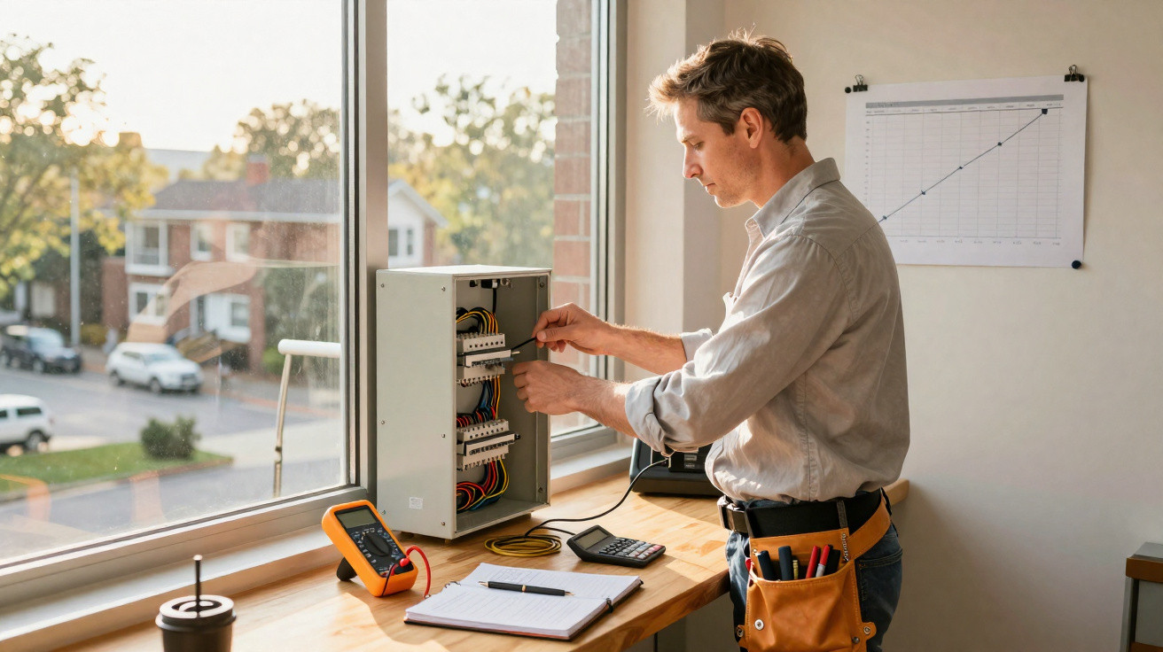 Elektriker arbeitet an einem Stromverteilerkasten neben einem Fenster mit Messgerät und Notizblock auf dem Tisch.