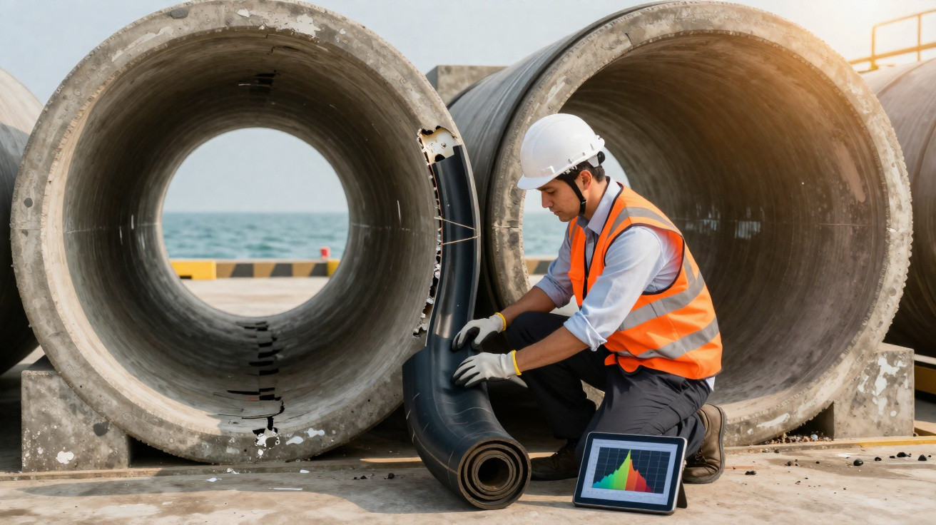 Bauarbeiter mit Helm und Warnweste rollt Isoliermaterial vor großen Betonrohren an einem Hafen aus.