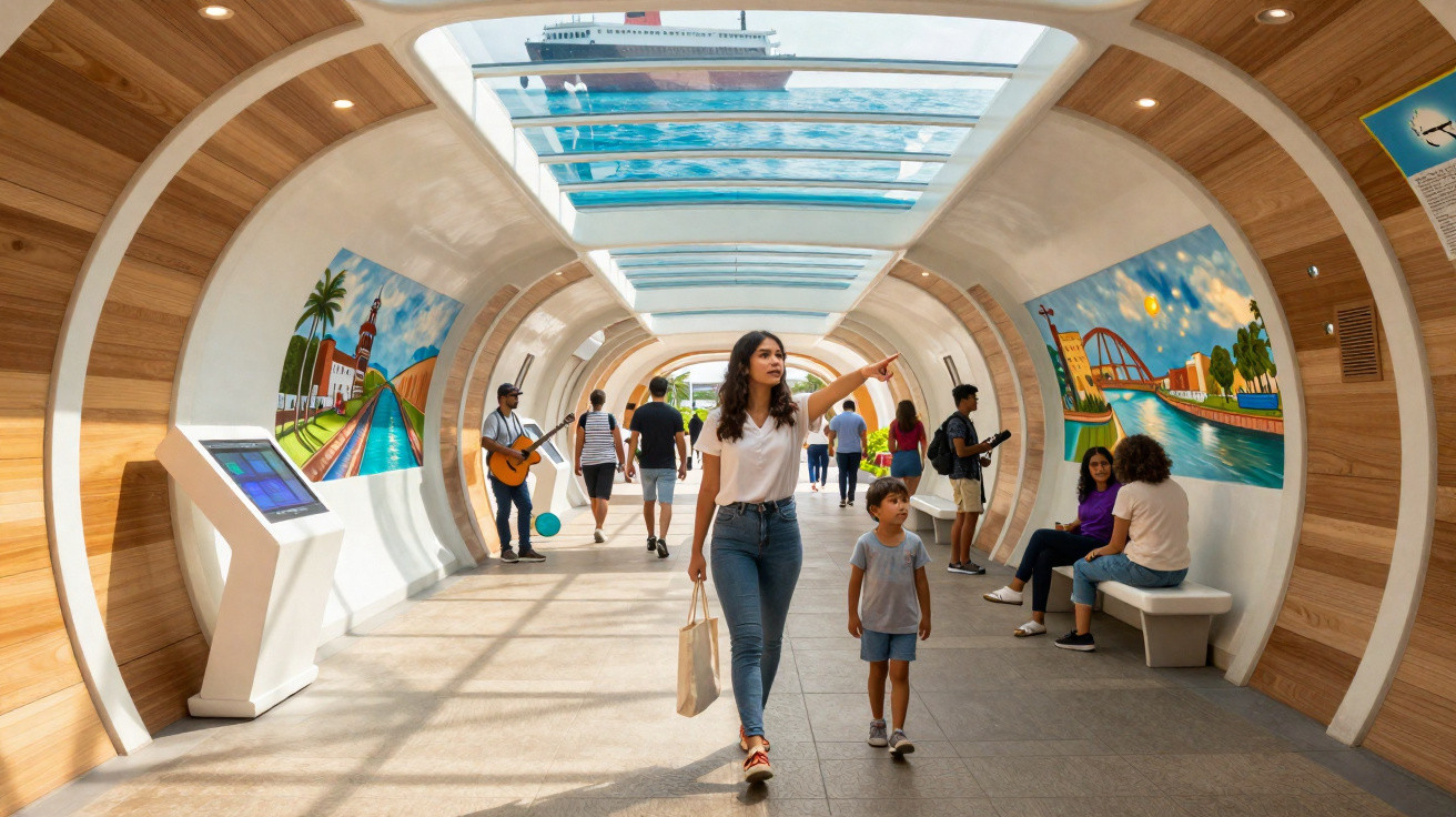 Menschen gehen durch einen modernen, lichtdurchfluteten Tunnel mit bunten Wandgemälden und Glasdach.