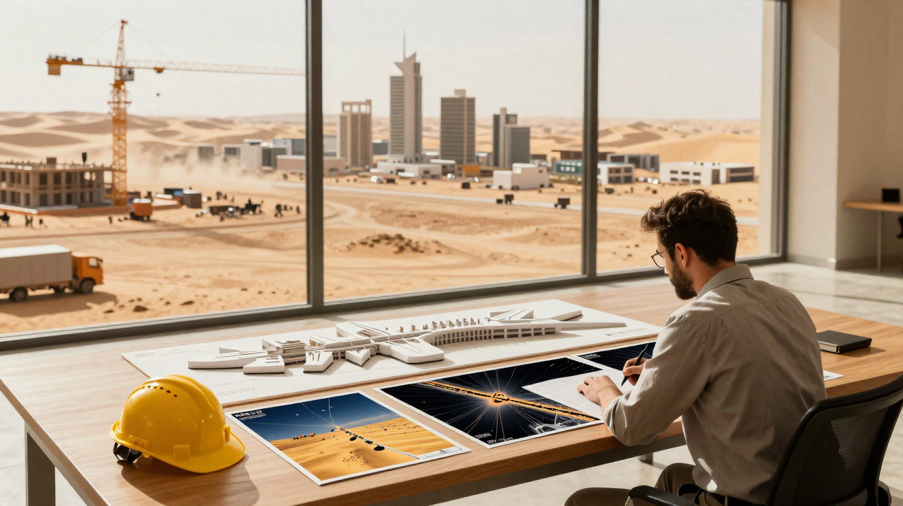 Architekt arbeitet an Bauplänen mit Häusermodell, großer Wüstenbaustelle und Stadt im Hintergrund.