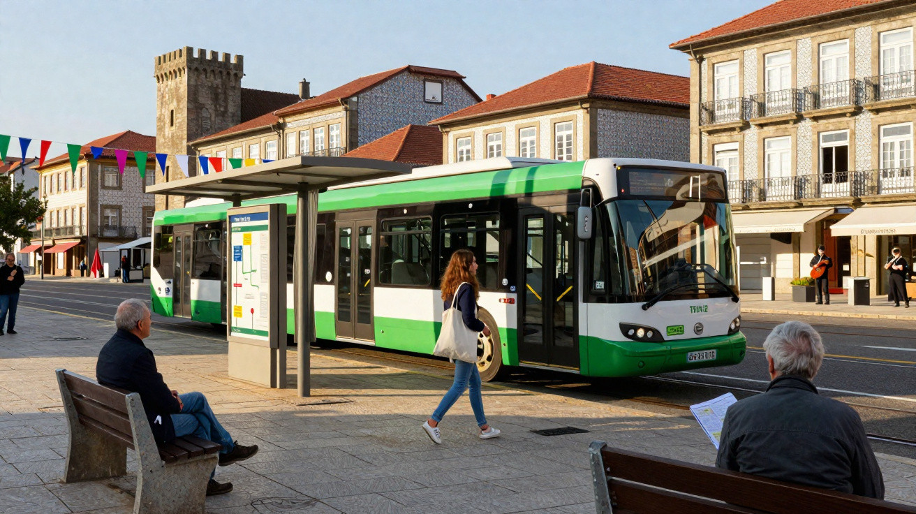 Grüner Stadtbus an Haltestelle vor historischen Gebäuden, zwei Männer sitzen auf Bänken, Frau geht vorbei.