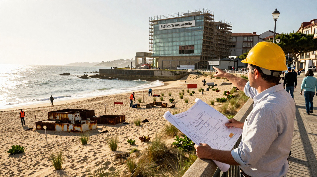 Bauarbeiter mit Helm und Bauplan steht am Strand, im Hintergrund Baustelle und modernes Gebäude "Edificio Transparente".