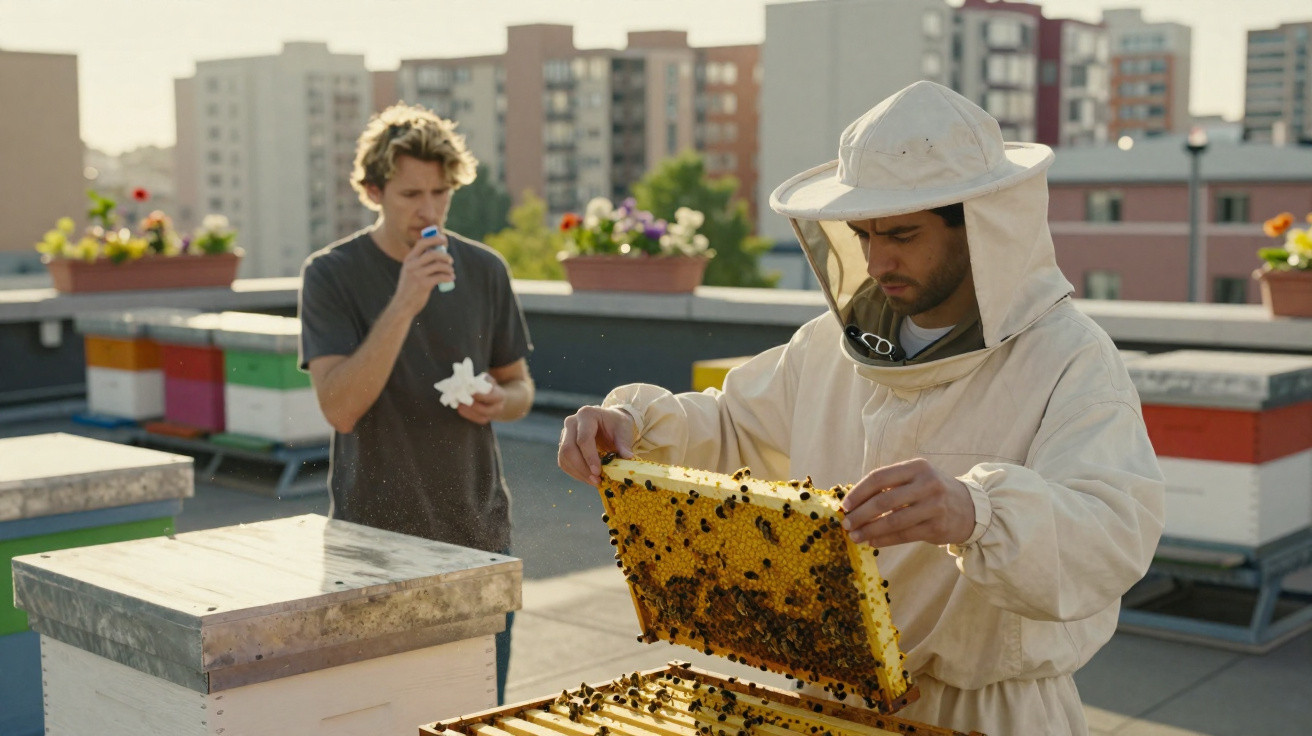 Imker in Schutzanzug untersucht Bienenwabe auf Dach mit Großstadt-Hintergrund, Mann trinkt im Hintergrund