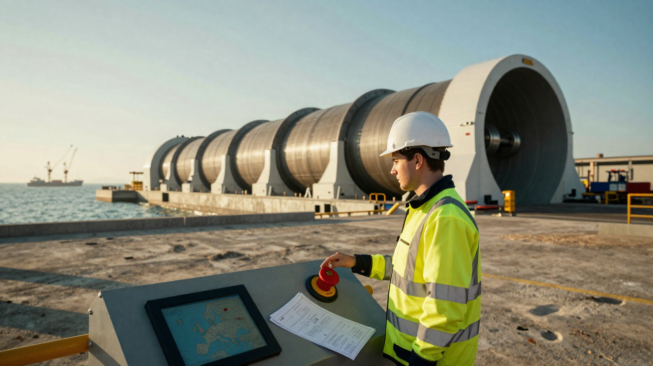 Arbeiter in Sicherheitskleidung bedient Steuerpult vor großen Offshore-Kabeltrommeln am Hafen.