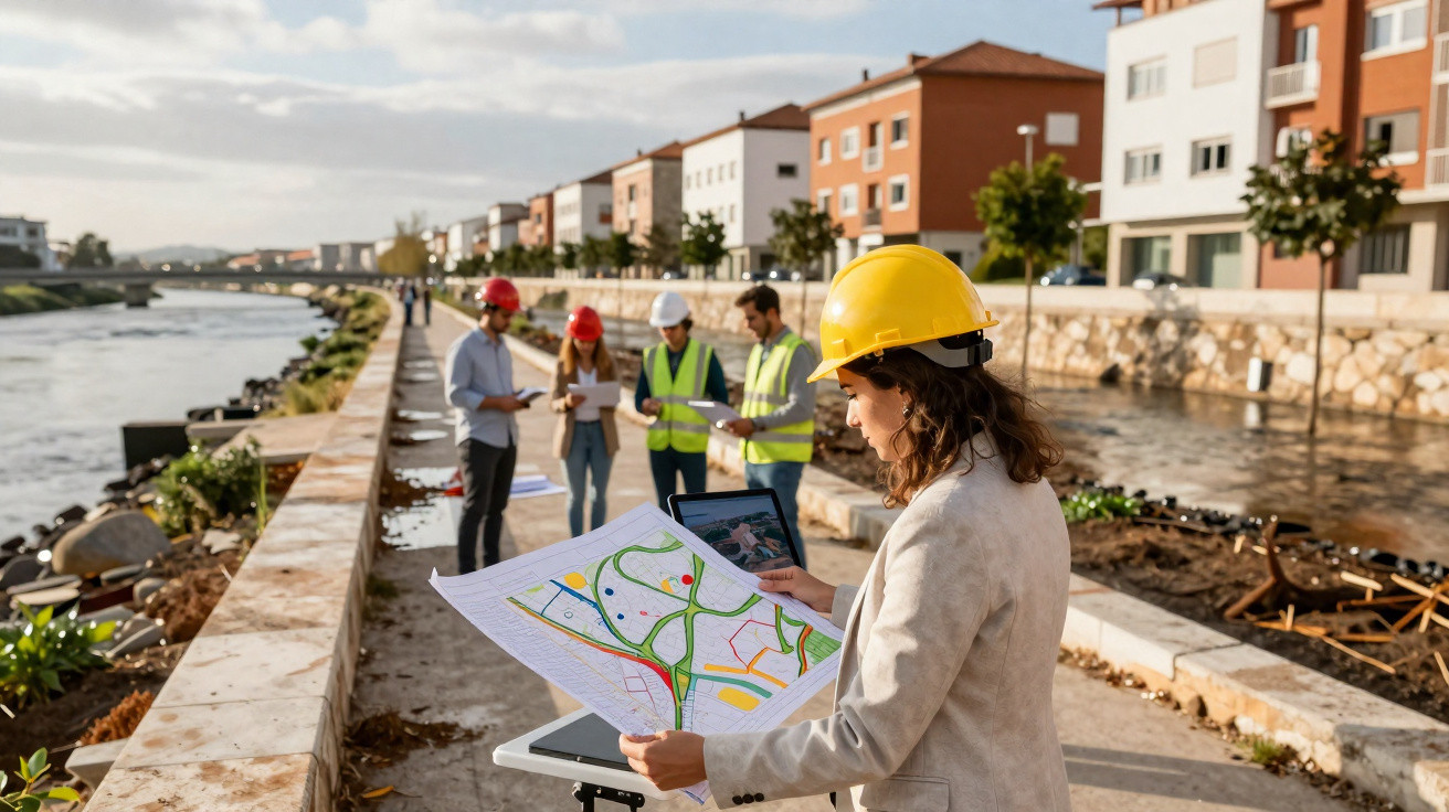 Bauingenieurin mit gelbem Helm betrachtet einen Stadtplan, im Hintergrund steht ein Team an einem Flussufer.