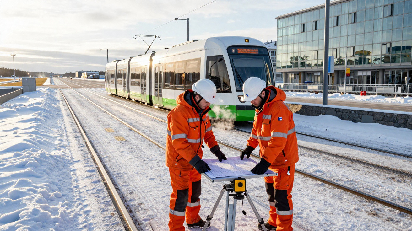 Zwei Bahnarbeiter in orangen Warnanzügen prüfen unter Schneeplätzen Gleispläne vor einer haltenden Stadtbahn.