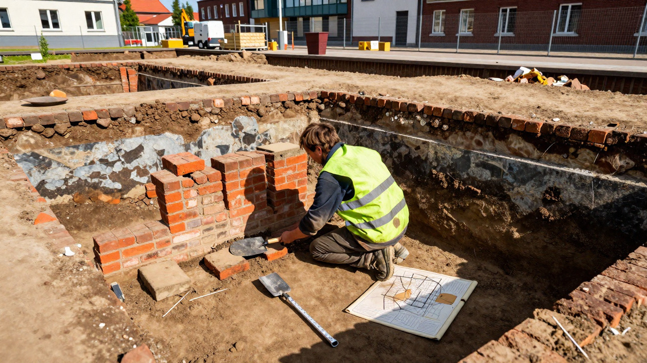 Archäologe untersucht und restauriert gemauerte Fundamente bei Ausgrabungsstätte in urbaner Umgebung.