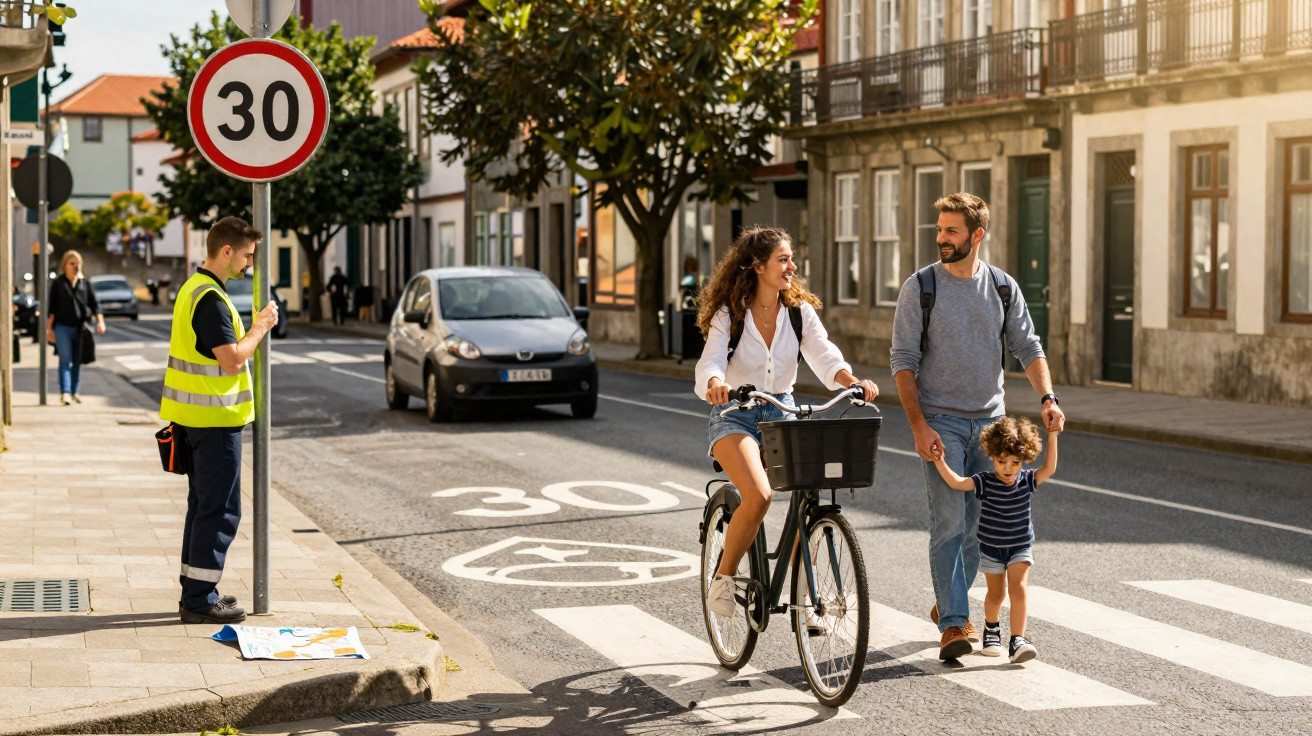 Familie mit Kind überquert Zebrastreifen, Frau fährt Fahrrad, Mann hält Kind an der Hand, Tempolimit 30.