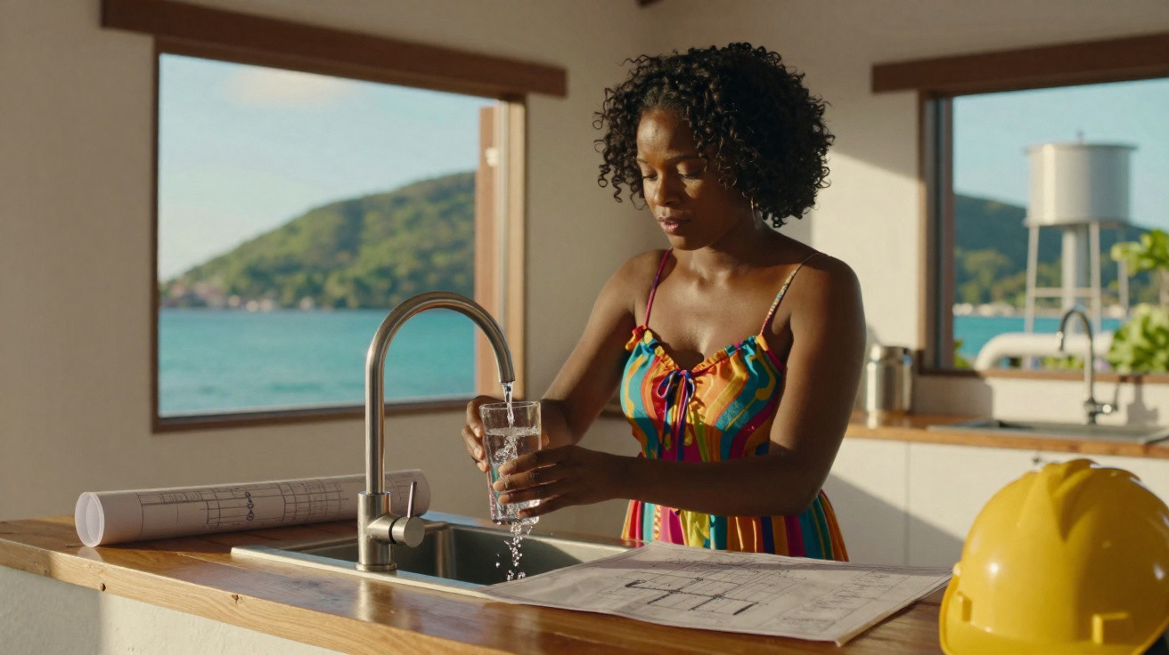 Frau füllt Glas mit Wasser an der Küchenspüle, im Hintergrund Fenster mit Meer- und Bergblick.